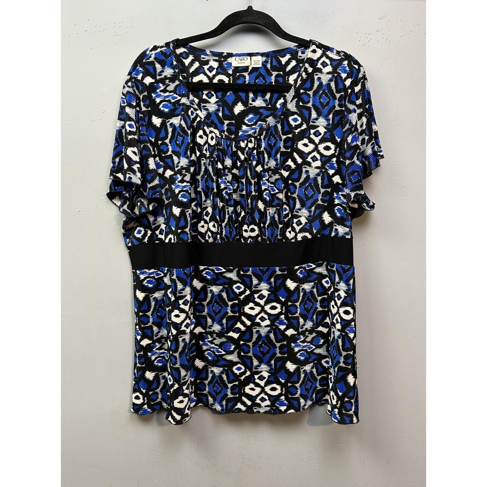 Cato Woman Blouse Womens 22/24W Blue Geometric Ikat Empire Waist‎ Micro-Pleated